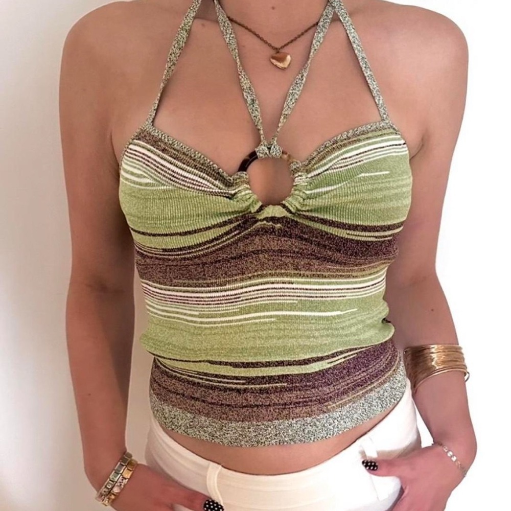 VERONICA BEARD Green and Brown Striped Halter Top